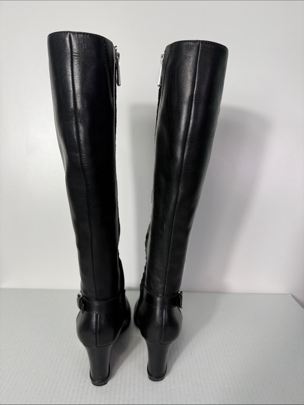 Lauren Ralph Lauren TIA Black Leather Knee-High Wedge Boots Size 7 - Picture 3 of 15